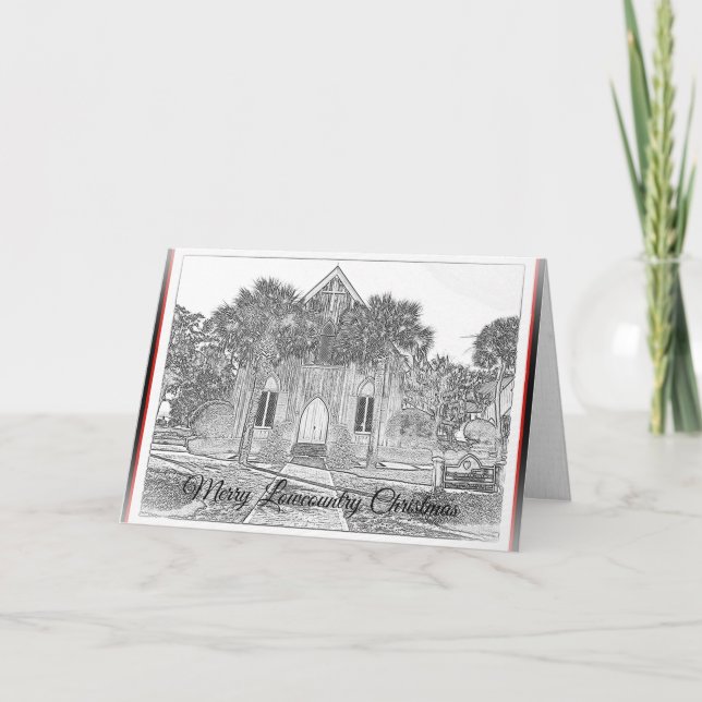 Merry Lowcountry Christmas Bluffton Church Sketch Holiday Card (Front)