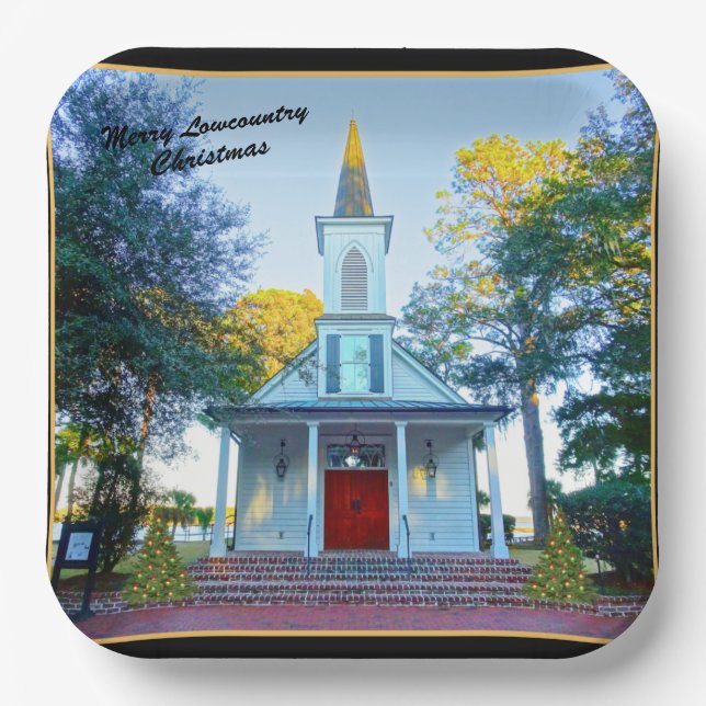 Merry Lowcountry Christmas Chapel Palmetto Bluff Paper Plate (Front)