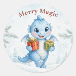Merry Magic Blue Baby Dragon Christmas Classic Round Sticker