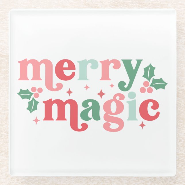 Merry Magic - Colourful Holiday Typography Glass Coaster (Front)