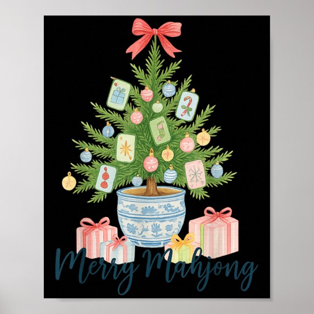 Merry Mahjong Christmas Tree Chinoiserie Holiday  Poster (Front)