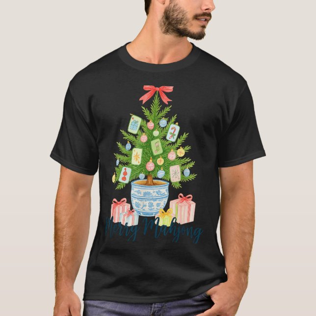Merry Mahjong Christmas Tree Chinoiserie Holiday  T-Shirt (Front)