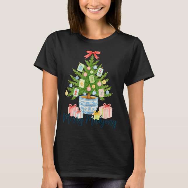 Merry Mahjong Christmas Tree Chinoiserie Holiday  T-Shirt (Front)