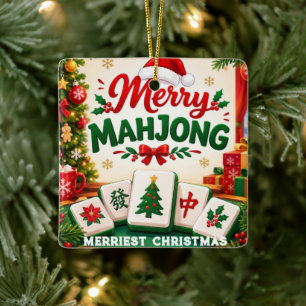 Merry Mahjong Merriest Christmas Family Crimson Ceramic Ornament