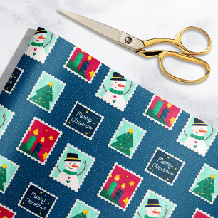 Merry Mail Blue Holiday Postage Stamps Pattern Wrapping Paper