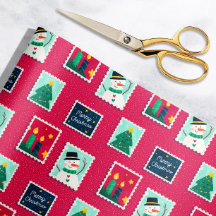 Merry Mail Red Holiday Postage Stamps Pattern Wrapping Paper