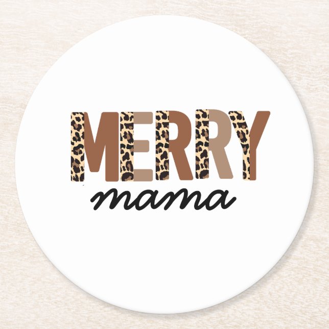 "Merry Mama" Modern Colour Block Leopard Boho Round Paper Coaster (Front)