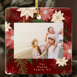 merry maroon christmas photo botanical frame ceramic ornament