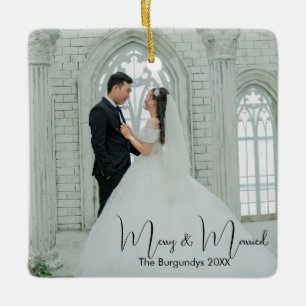 Merry & Married 1st Christmas Wedding Photo  Ceramic Ornament