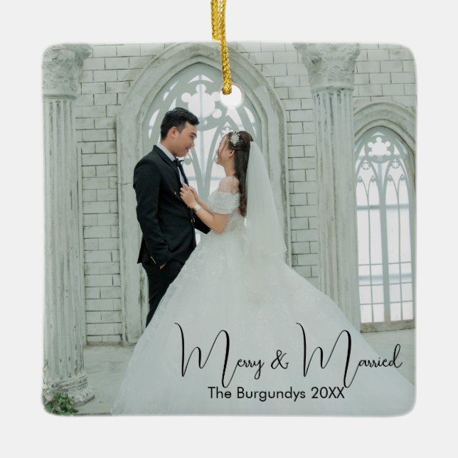 Merry & Married 1st Christmas Wedding Photo  Ceramic Ornament (Front)