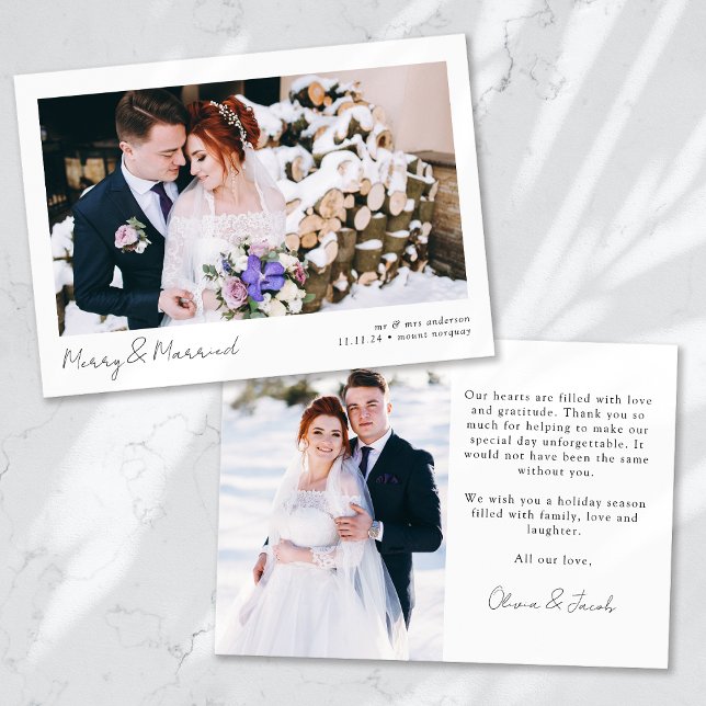 Merry & Married 2 Photo Calligraphy Wedding  Holiday Card (Creator Uploaded)