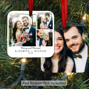 Merry & Married 3 Photo Newlywed Christmas Metal Tree Decoration