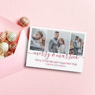 merry&married, 3 photos collage newlyweds holiday  card