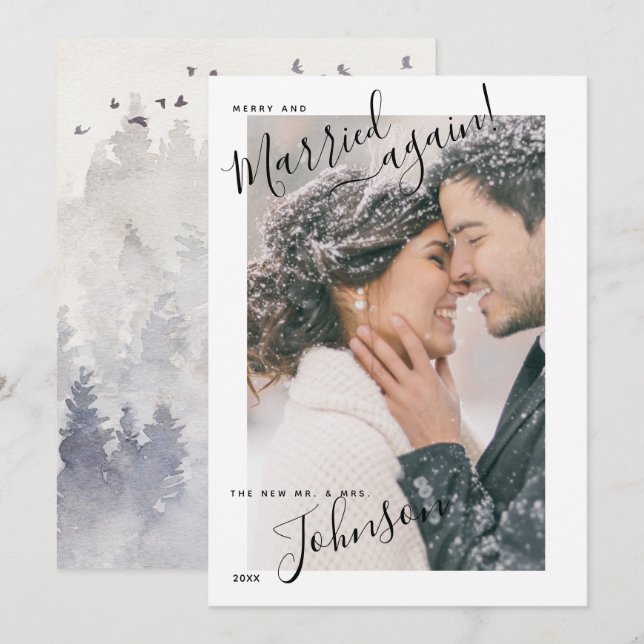 Merry & Married Again Script Name Photo Christmas Holiday Card (Front/Back)