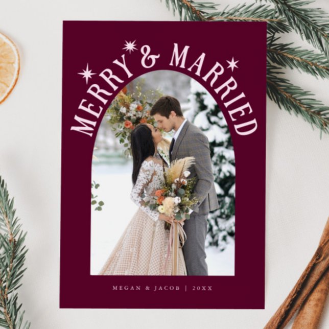 Merry & Married Arch Newlywed Photo Cranberry Holiday Card (Creator Uploaded)