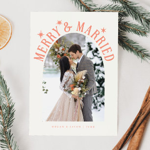 Merry & Married Arch Newlywed Photo Peach Holiday Card