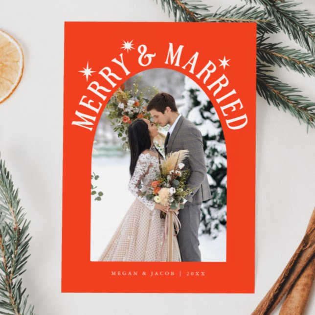 Merry & Married Arch Newlywed Photo Red Holiday Card (Creator Uploaded)