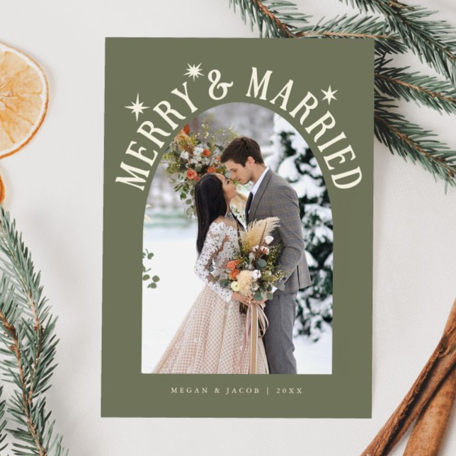 Merry & Married Arch Newlywed Photo Sage Green Holiday Card (Creator Uploaded)