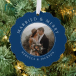 Merry Married Blue Wedding Photo Christmas Tree Decoration Card<br><div class="desc">Merry Married Blue Wedding Photo Christmas Ornament Card</div>