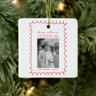 Merry & Married Bow Photo Christmas Newlyweds Ceramic Ornament