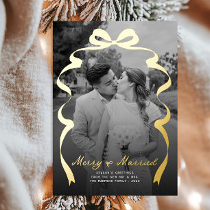 Merry & Married Bow Photo Christmas Newlyweds Foil Holiday Card