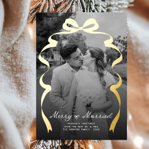 Merry & Married Bow Photo Christmas Newlyweds Foil Holiday Card