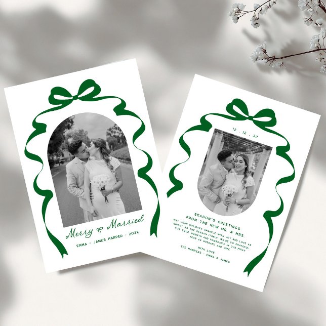 Merry & Married Bow Photo Christmas Newlyweds Holiday Card (Creator Uploaded)