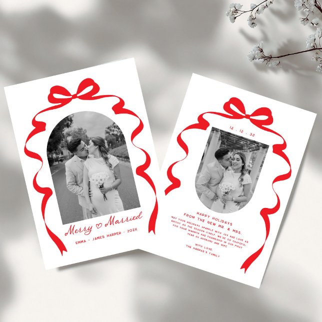 Merry & Married Bow Photo Christmas Newlyweds Holiday Card (Creator Uploaded)