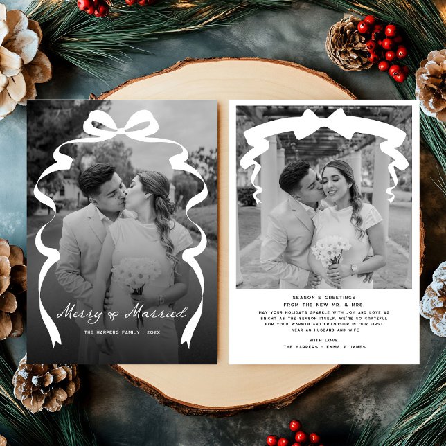 Merry & Married Bow Photo Christmas Newlyweds Holiday Card (Creator Uploaded)