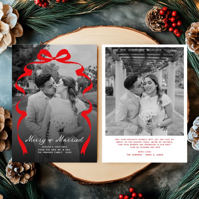 Merry & Married Bow Photo Christmas Newlyweds Holiday Card (Creator Uploaded)