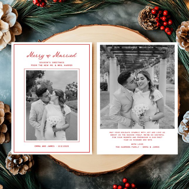 Merry & Married Bow Photo Christmas Newlyweds Holiday Card (Creator Uploaded)