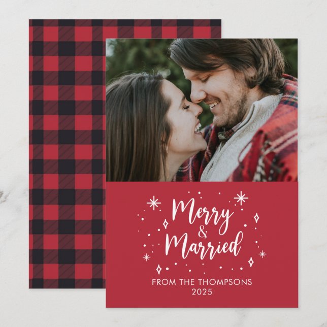 Merry & Married buffalo plaid christmas photo card (Front/Back)