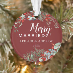 Merry Married Burgundy Berry Foliage Ornament