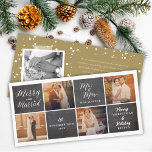 Merry & Married Chalkboard 4 Photo Collage Wedding Holiday Card<br><div class="desc">This modern and simple holiday/christmas wedding announcement card features the word 'Merry and Married' in a trendy white script calligraphy on a vintage black chalkboard with 4 photo collage. The back features a full snowdots pattern, a snapshot photo and a personalizable holiday message. The base background can be changed to...</div>