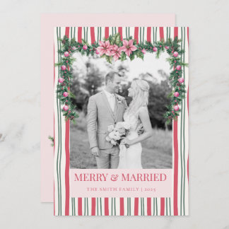 Merry & Married Christmas Garland Striped Photo Holiday Card