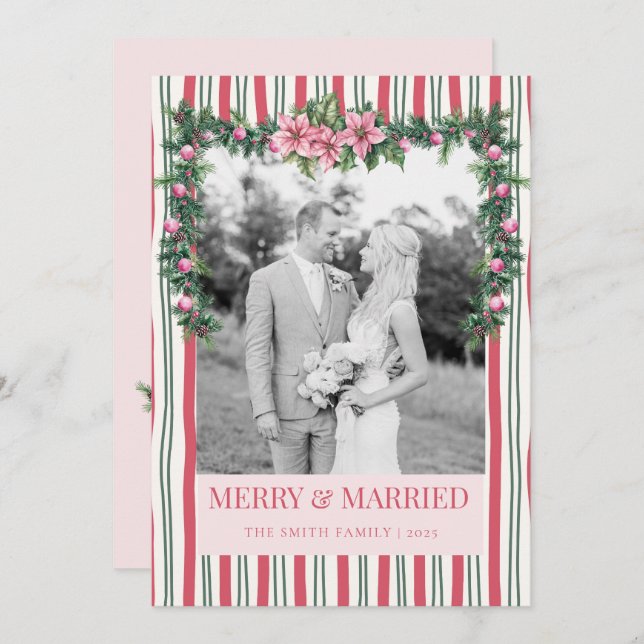 Merry & Married Christmas Garland Striped Photo Holiday Card (Front/Back)