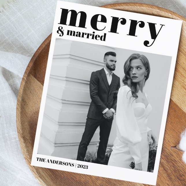 Merry & Married Christmas Modern Photo Black White Holiday Postcard (Merry & Married Christmas Postcard)