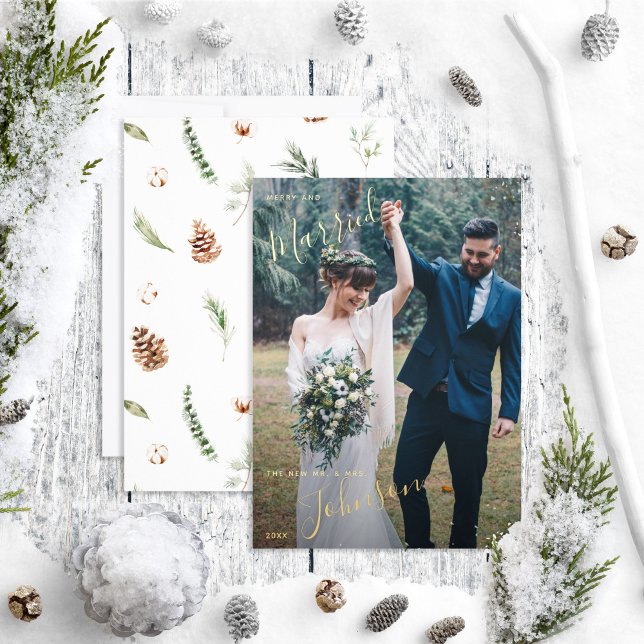 Merry & Married Cotton Winter Wedding Photo Foil Holiday Card (Creator Uploaded)