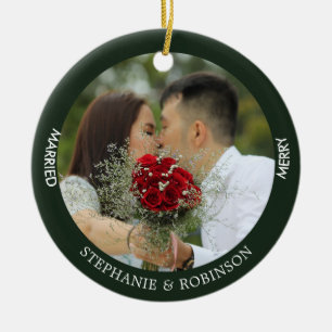 Merry Married Custom Photo Forest Green Ceramic Tree Decoration