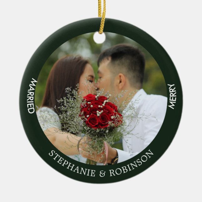 Merry Married Custom Photo Forest Green Ceramic Tree Decoration (Front)