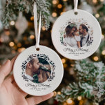 Merry & Married Cutout Frame 2-Photo 1st Christmas Ceramic Tree Decoration<br><div class="desc">This personalised “Merry & Married” wedding photo ornament is a romantic way to celebrate a couple’s first Christmas together as newlyweds. This double-sided design features a festive wreath-style cutout of delicate leaves, stars, and modern accents framing your favourite wedding photo, creating a holiday keepsake full of love and joy. Below...</div>