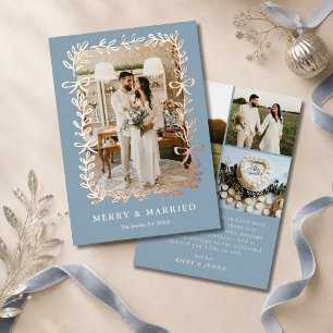 Merry & Married Dusty Blue Bows 4 Photo Wedding Foil Holiday Card