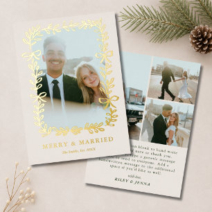 Merry & Married Elegant Bows Wedding 4 Photo Gold Foil Holiday Card