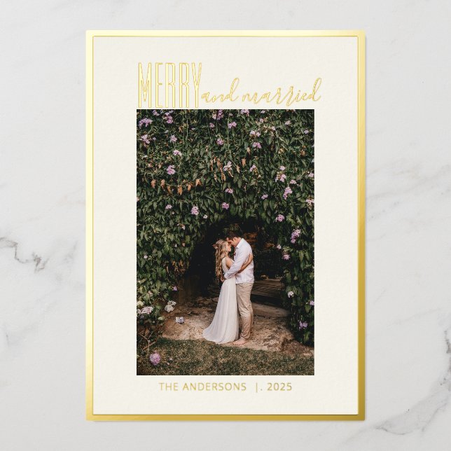 Merry Married Elegant Minimal Christmas Photo Gold Foil Holiday Card (Front)