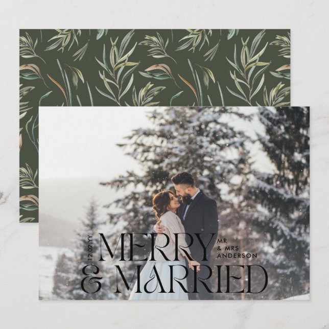 Merry & married Elegant photo modern botanical Holiday Card (Front/Back)