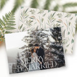 Merry & married Elegant photo modern botanical Holiday Card<br><div class="desc">Merry & married Elegant photo modern minimal natural watercolor botanical typography Merry Christmas holiday flat card.</div>