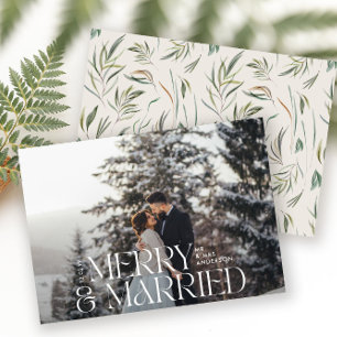 Merry & married Elegant photo modern botanical Holiday Card