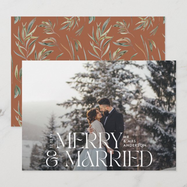 Merry & married Elegant photo modern botanical Holiday Card (Front/Back)
