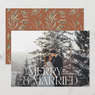 Merry & married Elegant photo modern botanical Holiday Card