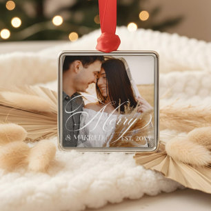 Merry & Married Elegant Script Newlyweds Photo Metal Tree Decoration